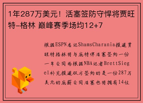 1年287万美元！活塞签防守悍将贾旺特-格林 巅峰赛季场均12+7